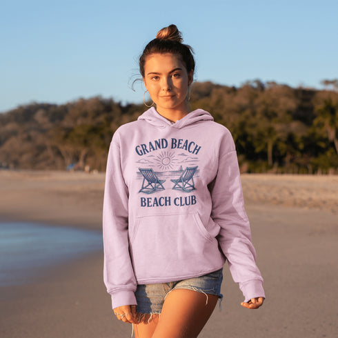Soak up the vintage vibes with our Grand Beach Beach Club hoodie — a cozy classic made for lakeside lounging and sunset chasing.